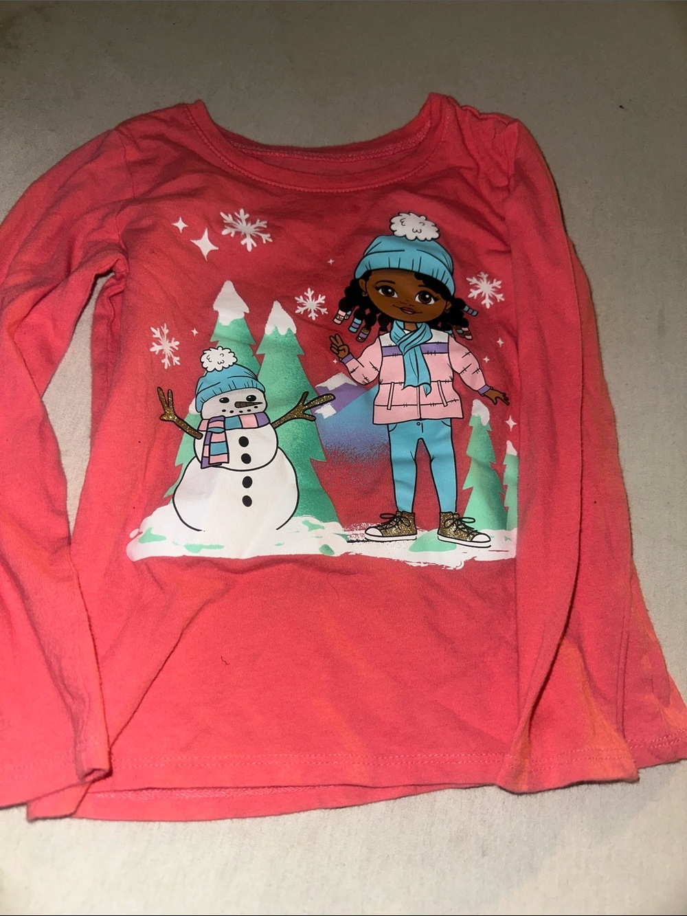 Kids Size 4T Childrens Place Coral Long-Sleeve Holiday Snowman Graphic Tee